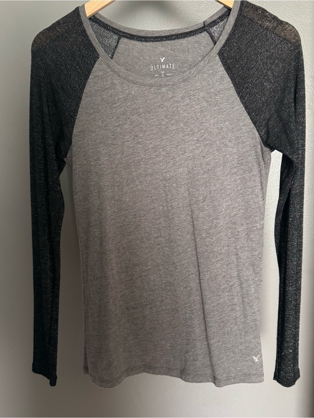 Ultimate Gray Raglan Long Sleeve Top with Charcoal Sheer glitter Sleeves